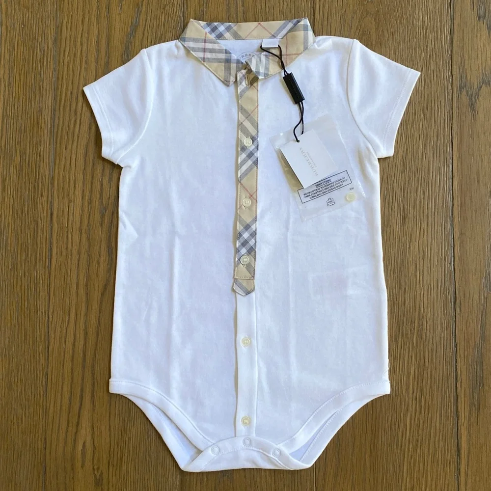 Burberry White Tannar Check-Placket Boys Jersey Playsuit 12M 73/48 New with Tags